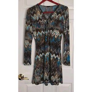 Women's Ariella‎ Large Dress Zip Up Brown Tan Turquoise Boho Retro Chic Fall